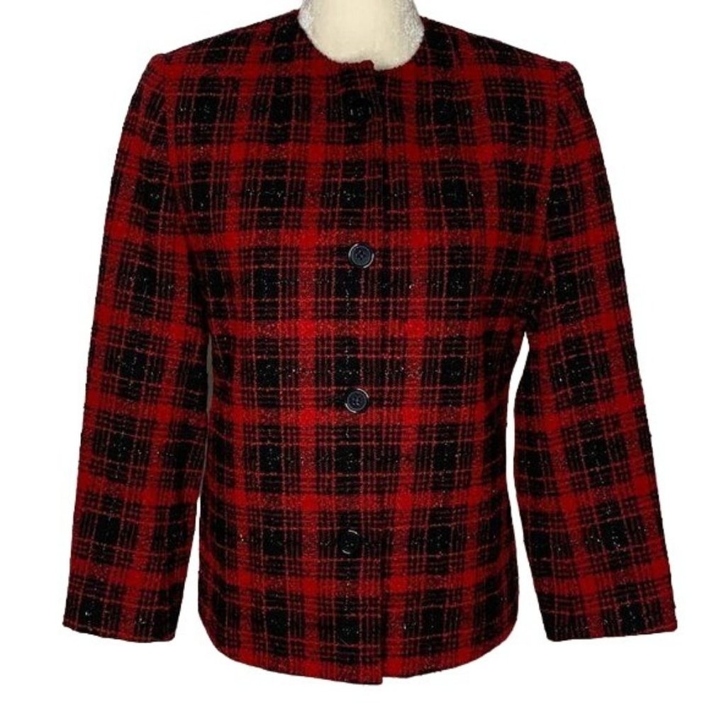 Preston York Wool Blend Blazer Jacket 8P Red Plaid Button Up Metallic Lined